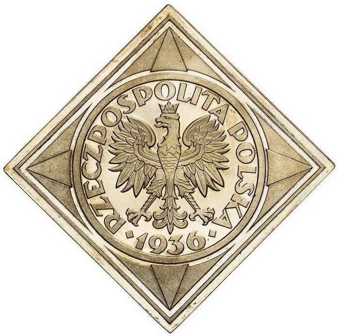 II RP. 5 złotych 1936, żaglowiec, klipa, PRÓBA, srebro, stempel lustrzany z kolekcji W. Głuchowskiego