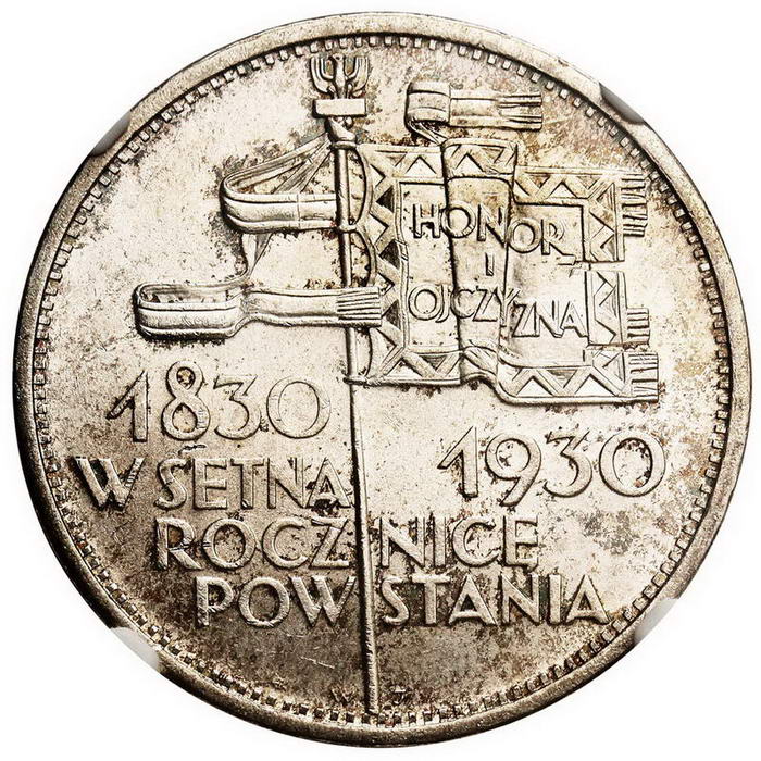 II RP. 5 złotych 1930, Sztandar, stempel płytki, srebro, NGC MS64