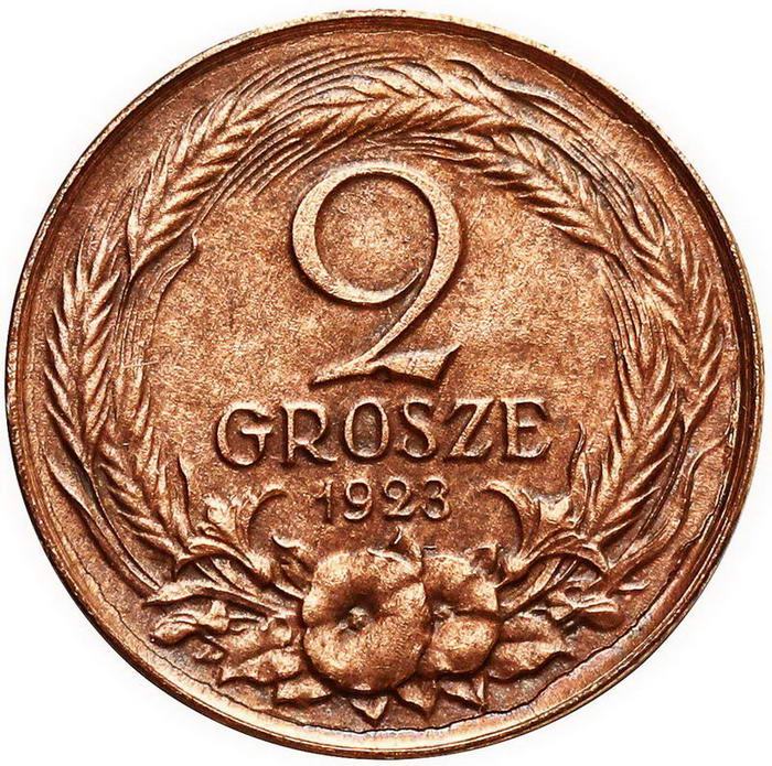 II RP. 2 grosze 1923, PRÓBA, brąz z kolekcji W. Głuchowskiego