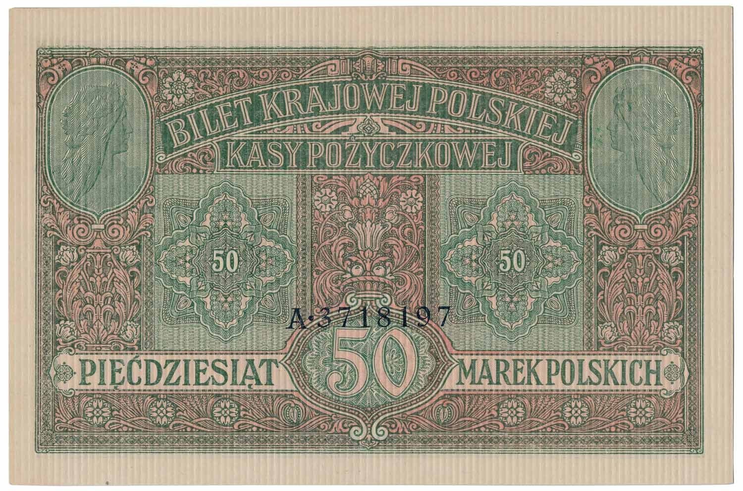 Okupacja niemiecka 1915-1918. Banknot. 50 marek polskich ...jenerał... 1916 PMG 66 EPQ (MAX)