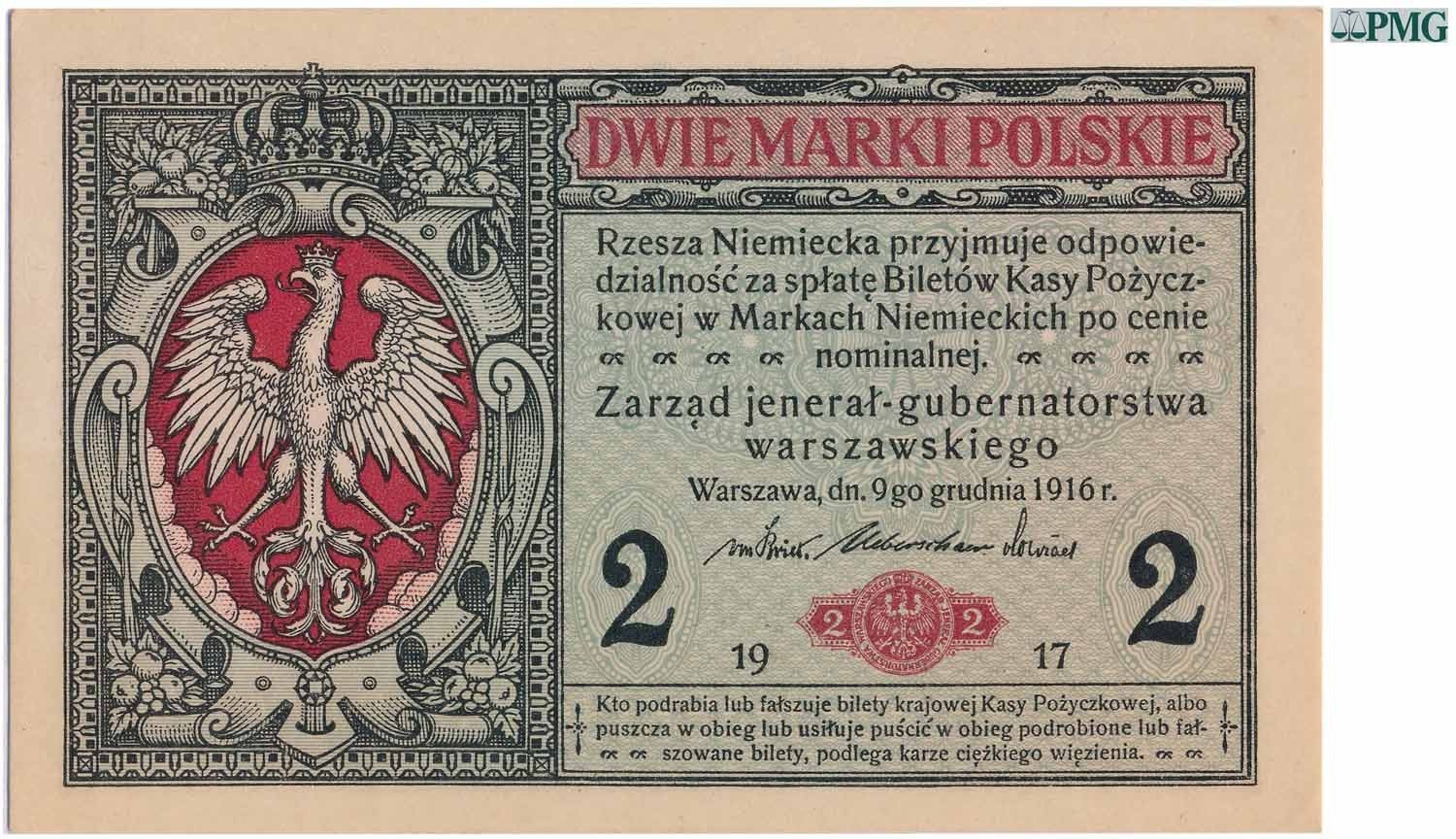 Okupacja niemiecka 1915-1918. Banknot. 2 marki polskie 1916 ...jenerał... seria A PMG 64 EPQ