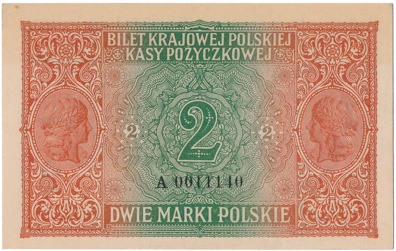 Okupacja niemiecka 1915-1918. Banknot. 2 marki polskie 1916 ...jenerał... seria A PMG 64 EPQ