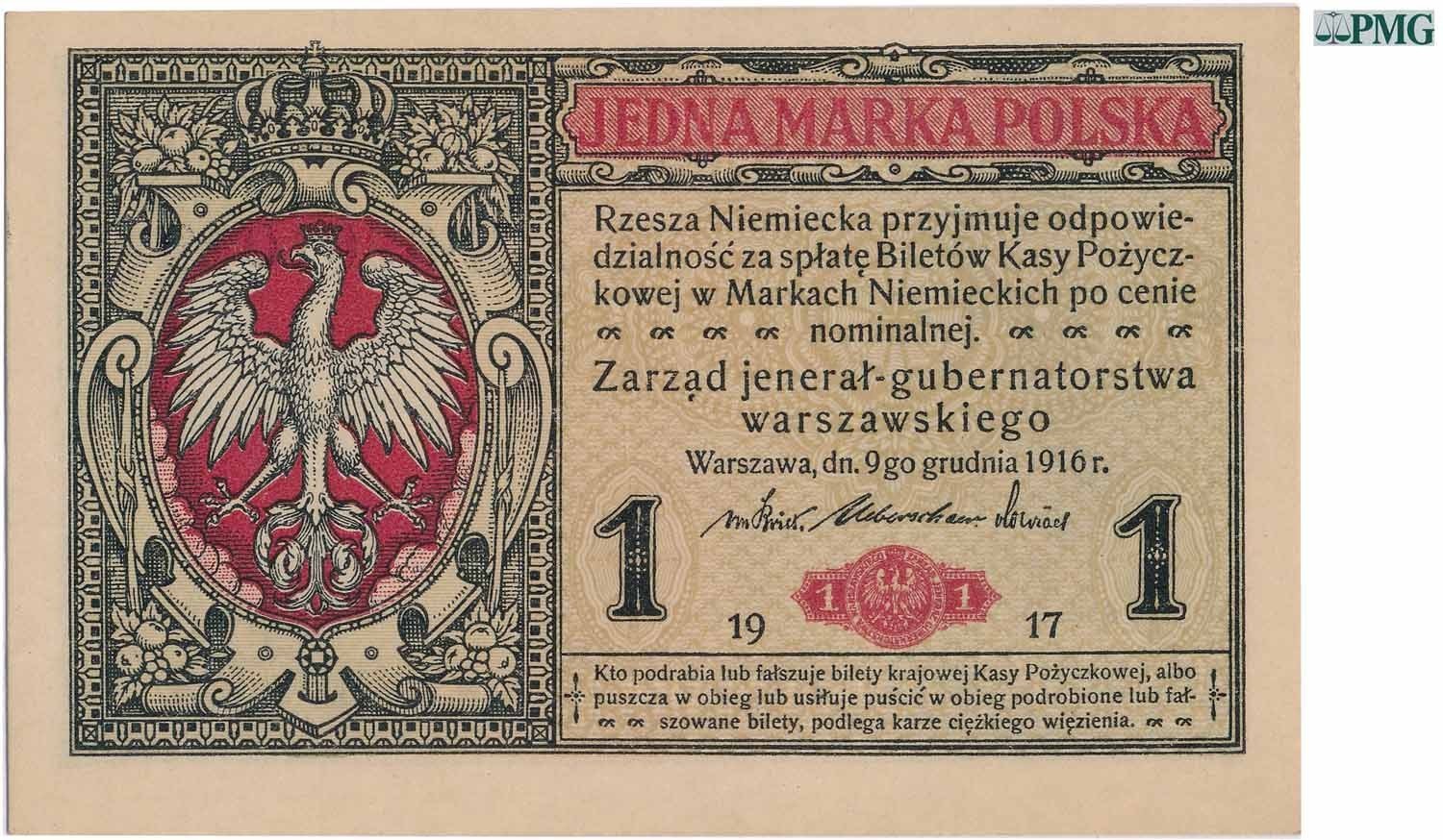 Okupacja niemiecka 1915-1918. Banknot. 1 marka polska 1916 ...jenerał... seria B PMG 64 EPQ