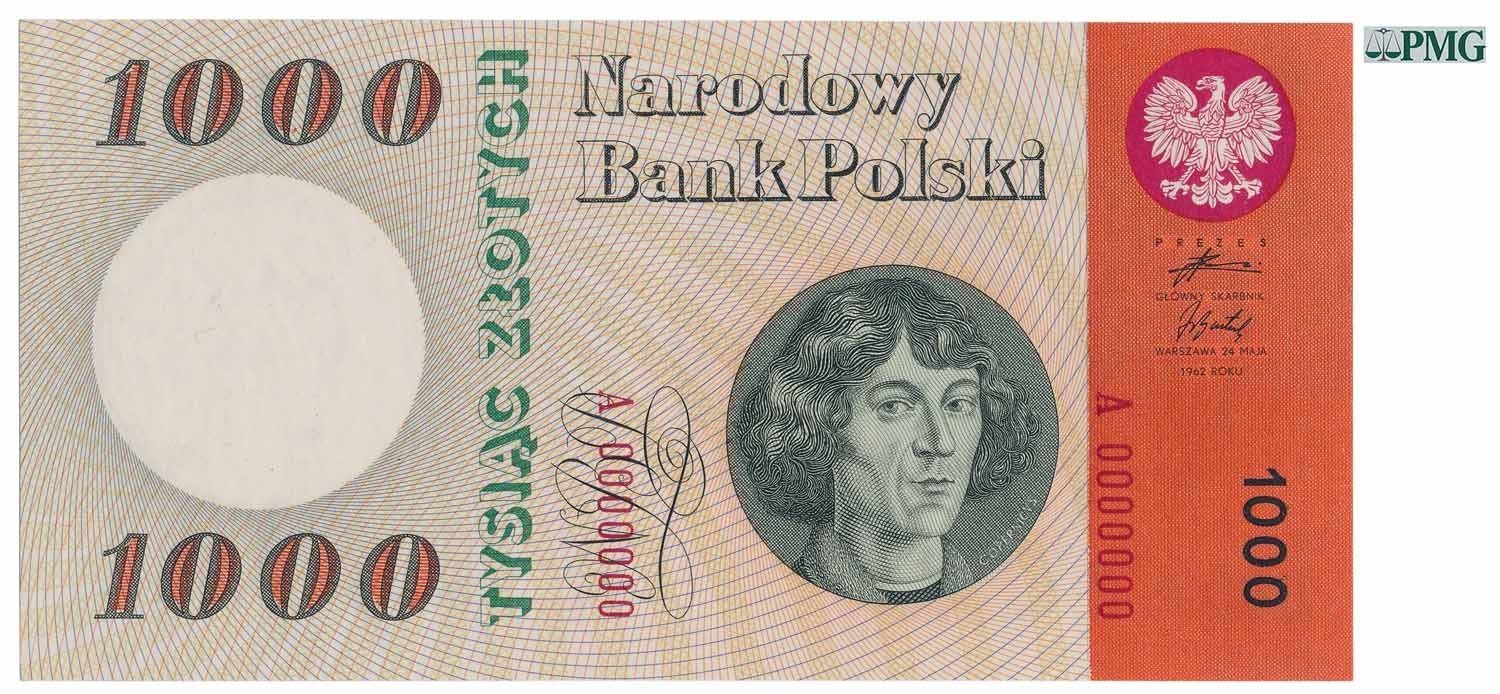 SPECIMEN WZÓR 1.000 złotych 1962 Kopernik seria A0000000 PMG 64 EPQ (MAX)