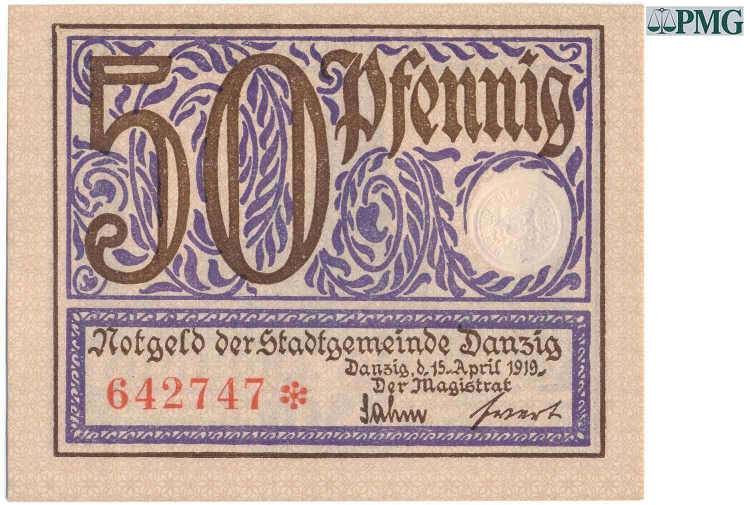 Gdańsk. 50 fenigów 1919 PMG 64 EPQ
