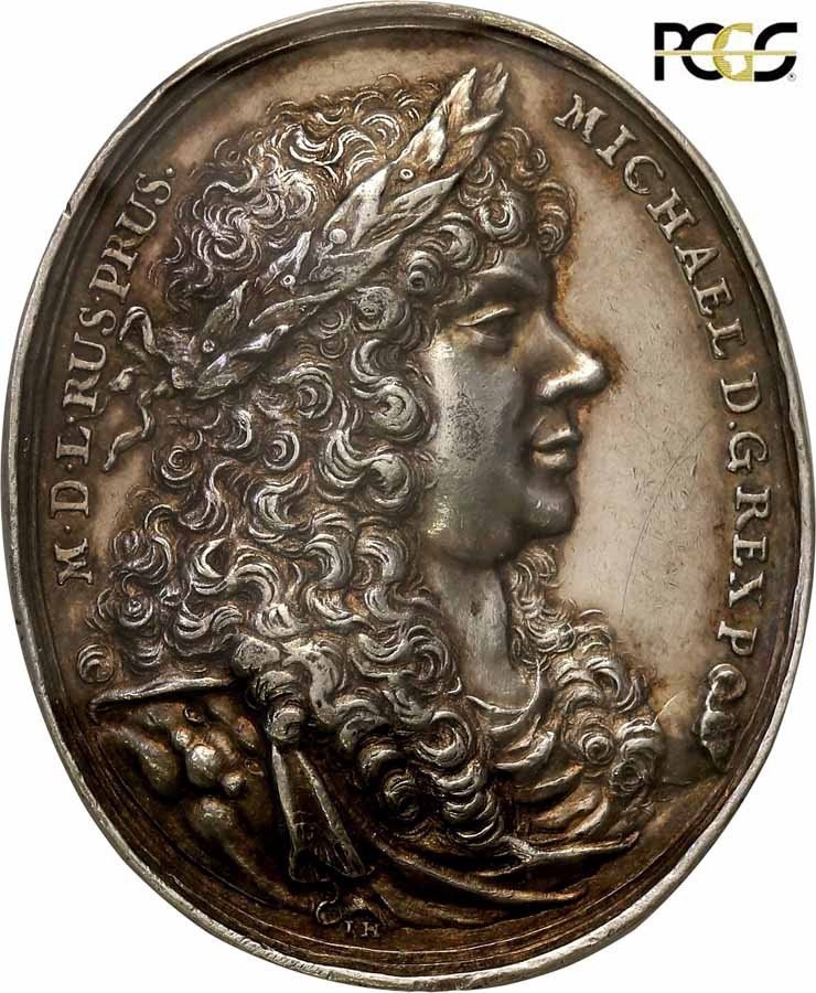 Michał Korybut Wiśniowiecki. Owalny medal koronacyjny (1669) sygnowany IH (Jan Höhn młodszy) PCGS AU55 (MAX)