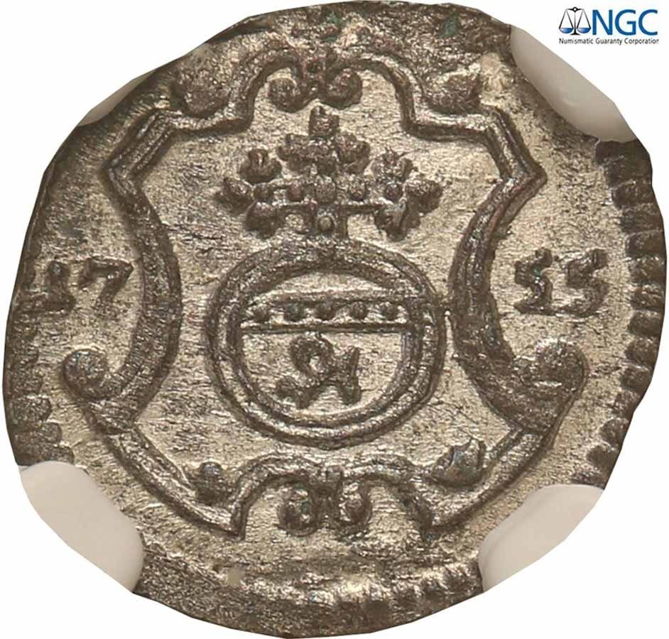 August III Sas. 1 halerz 1755, Drezno NGC MS63 (MAX)