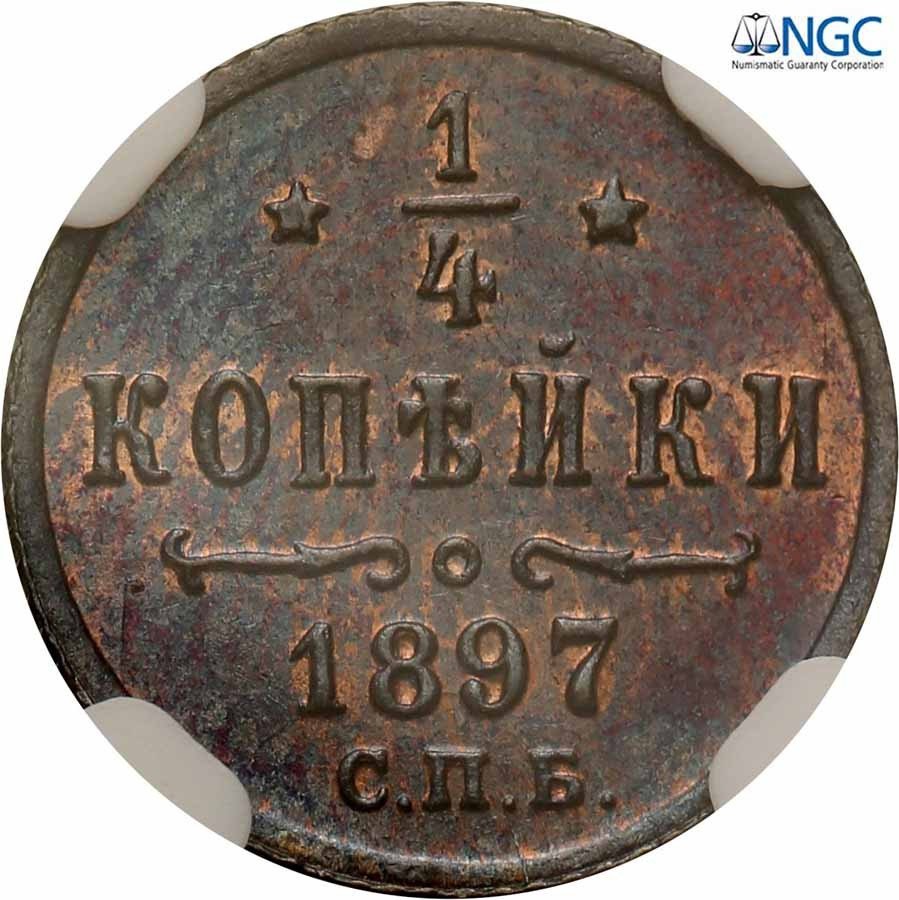 Rosja. Mikołaj ll. 1/4 kopiejki 1897 СПБ, Birmingham NGC MS64 BN
