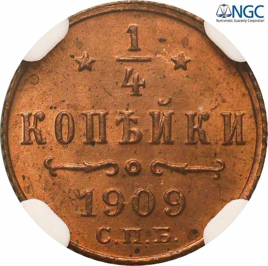 Rosja. Mikołaj ll. 1/4 kopiejki 1909 СПБ, Petersburg NGC MS65 RD (MAX)