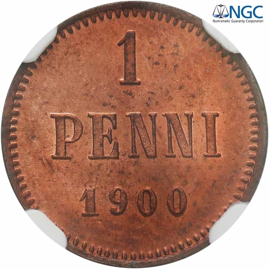Rosja. Mikołaj ll. Finlandia (rosyjska) 1 penni 1900 NGC MS64 RB