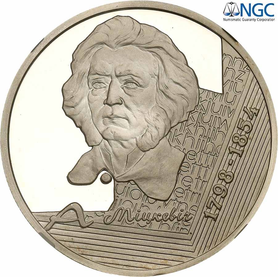 Białoruś. 10 rubli 1998 Adam Mickiewicz błąd w dacie NGC PF66 ULTRA CAMEO