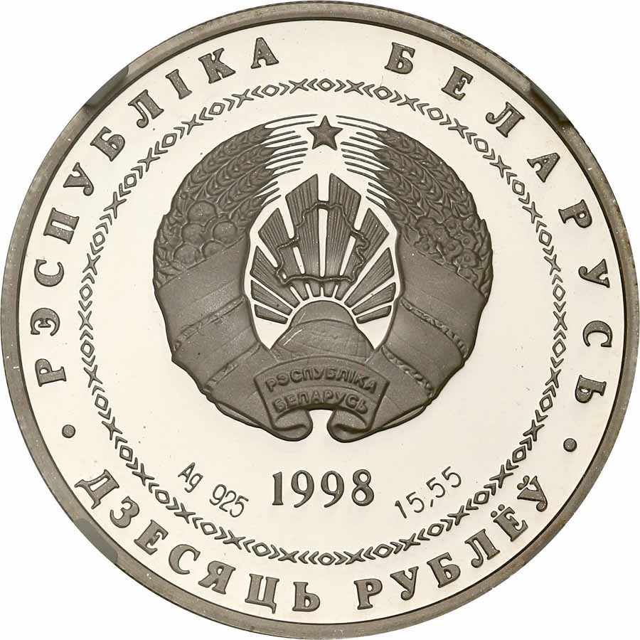 Białoruś. 10 rubli 1998 Adam Mickiewicz błąd w dacie NGC PF66 ULTRA CAMEO
