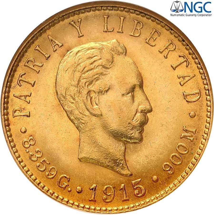 Kuba. 5 Pesos 1915 Filadelfia NGC MS62