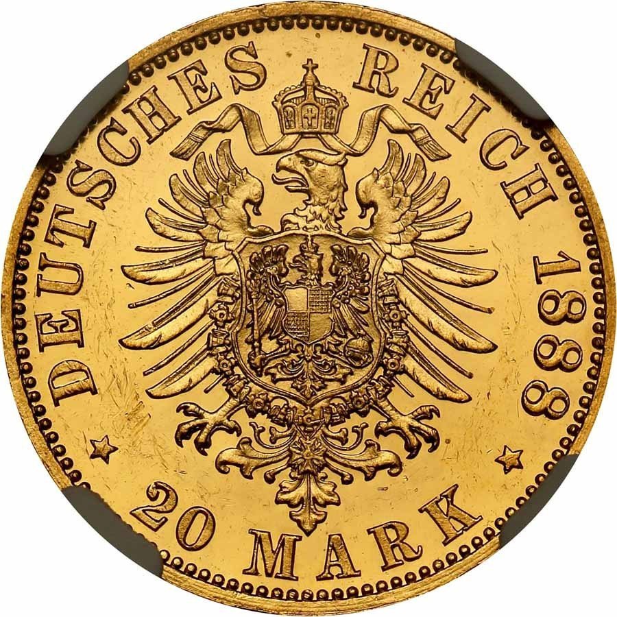 Niemcy. Wilhelm I. 20 marek 1888 A, stempel lustrzany NGC PF61 ULTRA CAMEO