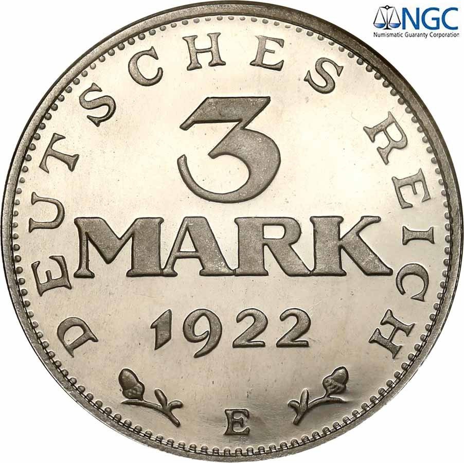Niemcy, Weimar. 3 marki 1922 E, stempel lustrzany, NGC PF67 ULTRA CAMEO (MAX)
