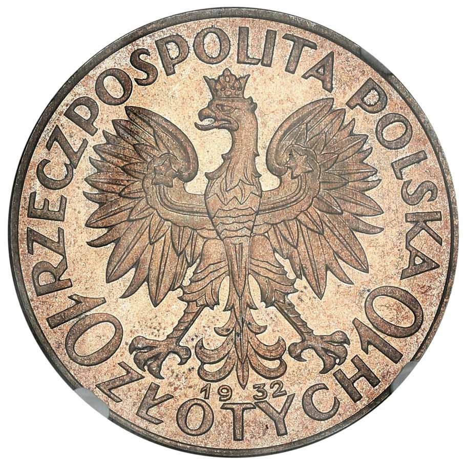 II RP. PRÓBA srebro 10 złotych 1932 bez znaku, Londyn NGC PF64 ex. H. Karolkiewicz collection