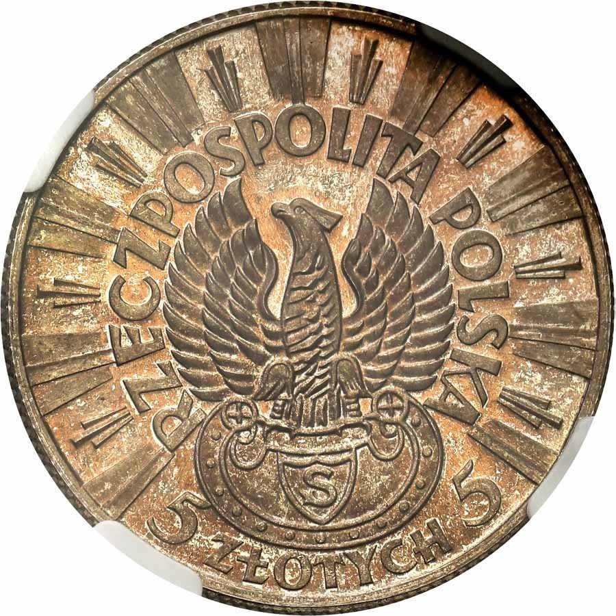 II RP. PRÓBA srebro 5 złotych 1934 Piłsudski, orzeł strzelecki, stempel LUSTRZANY NGC PF65 (MAX)