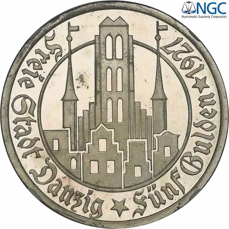 Wolne Miasto Gdańsk / Danzig. 5 Guldenów 1927 Kościół NMP stempel LUSTRZANY NGC PF63 ULTRA CAMEO