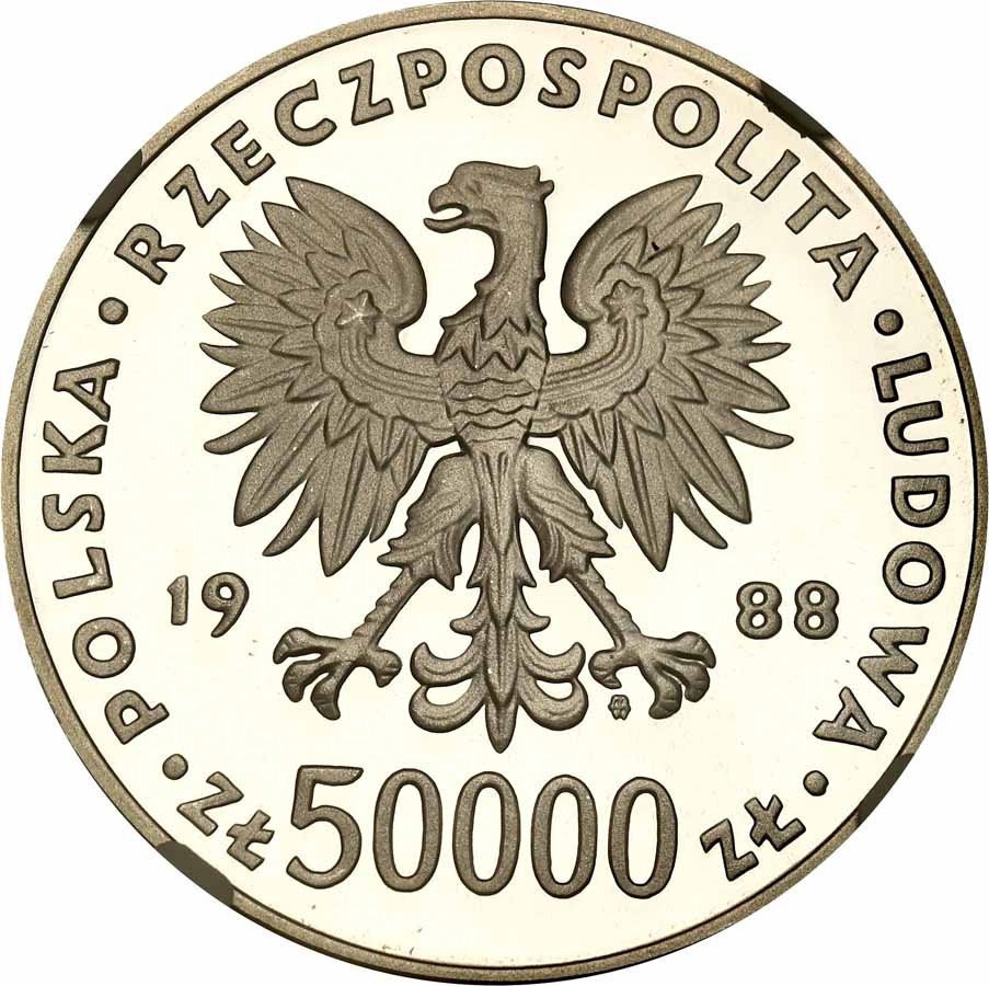 PRL. 50.000 złotych 1988 Piłsudski stempel lustrzany NGC PF69 ULTRA CAMEO (MAX)