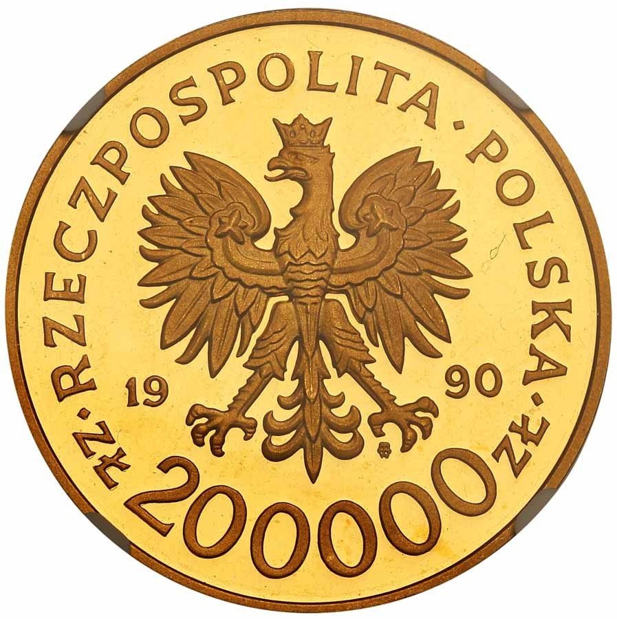 III RP. 200.000 złotych 1990 Solidarność 32 mm NGC PF64 ULTRA CAMEO