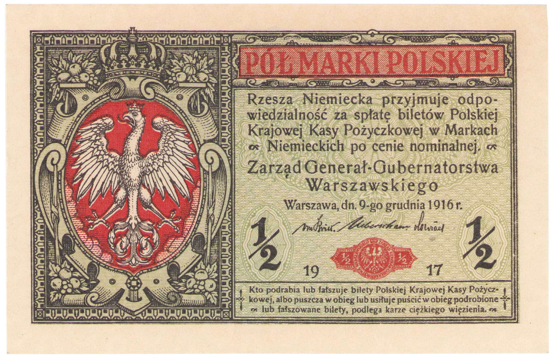 1/2 marki polskiej 1916 seria B, Generał – PIĘKNY