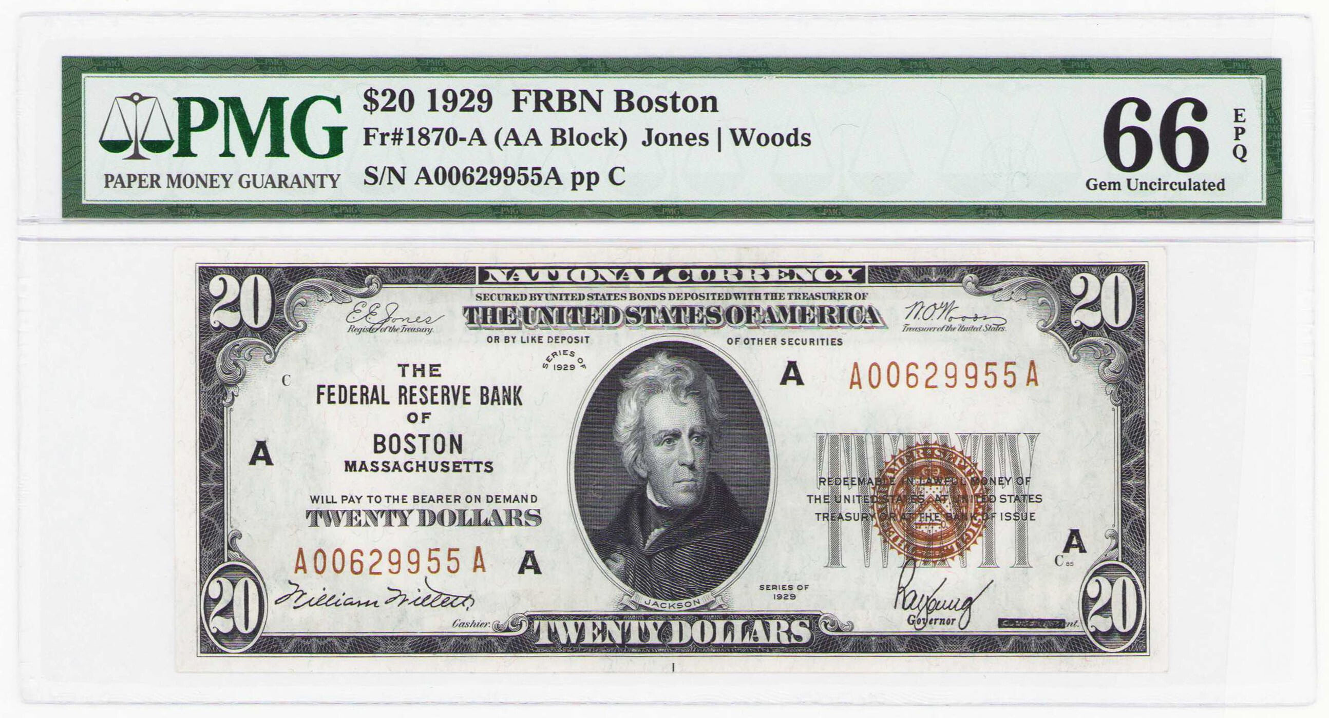 USA. The Federal Reserve Bank of Boston - Massachusetts, 20 dolarów 1929 PMG 66 EPQ