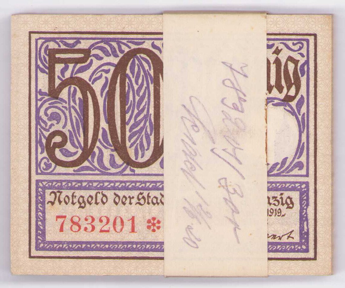 Gdańsk - Notgeld. 50 fenigów 1919, zestaw 100 sztuk - PACZKA BANKOWA - RZADKOŚĆ