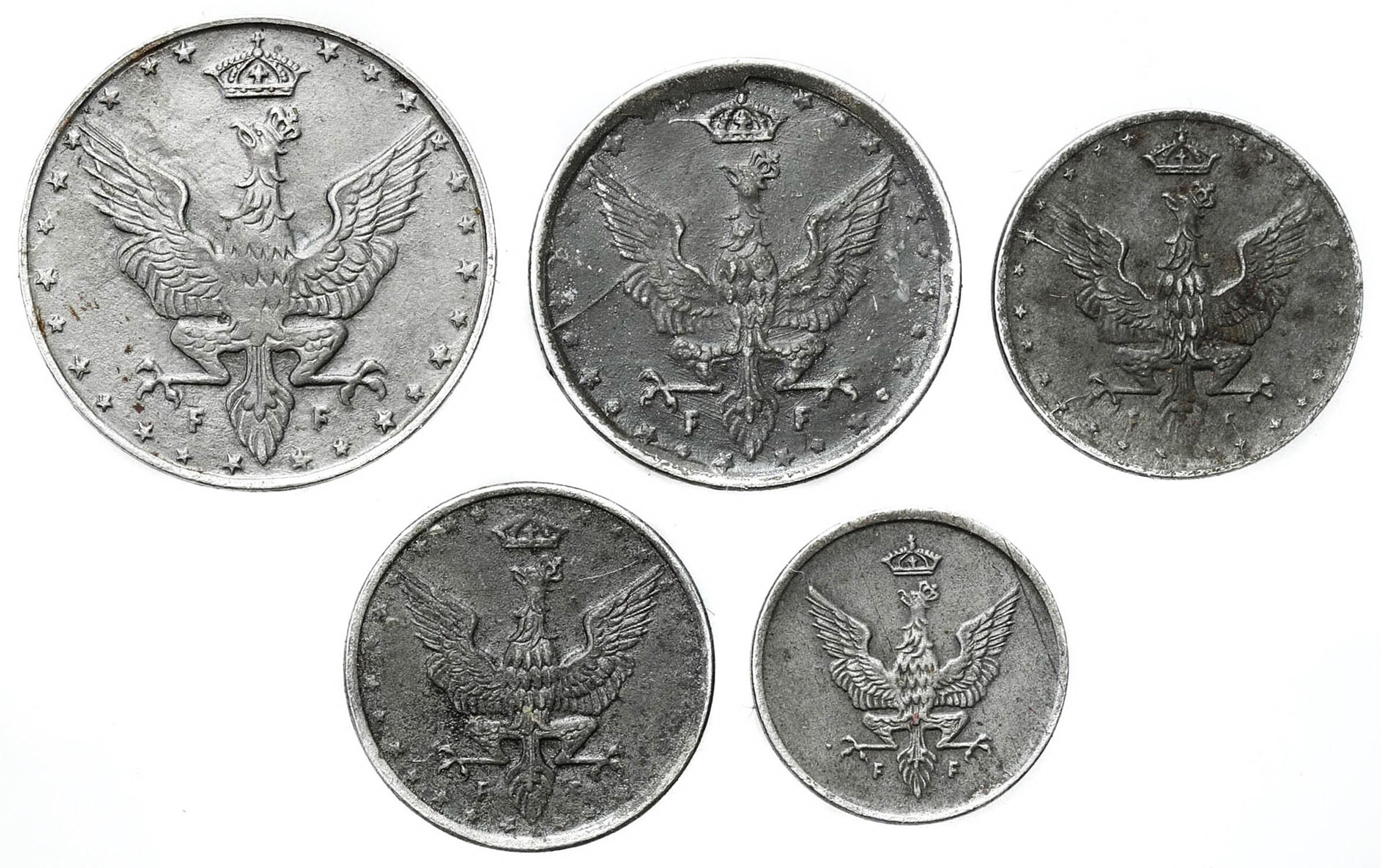 Królestwo Polskie. 1, 5, 10, 20 fenigów 1917-1918, zestaw 5 monet