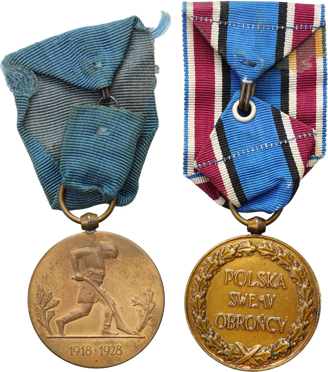 Medal Dziesięciolecia Odzyskanej Niepodległości 1928 i medal 1921 Polska Swemu Obrońcy