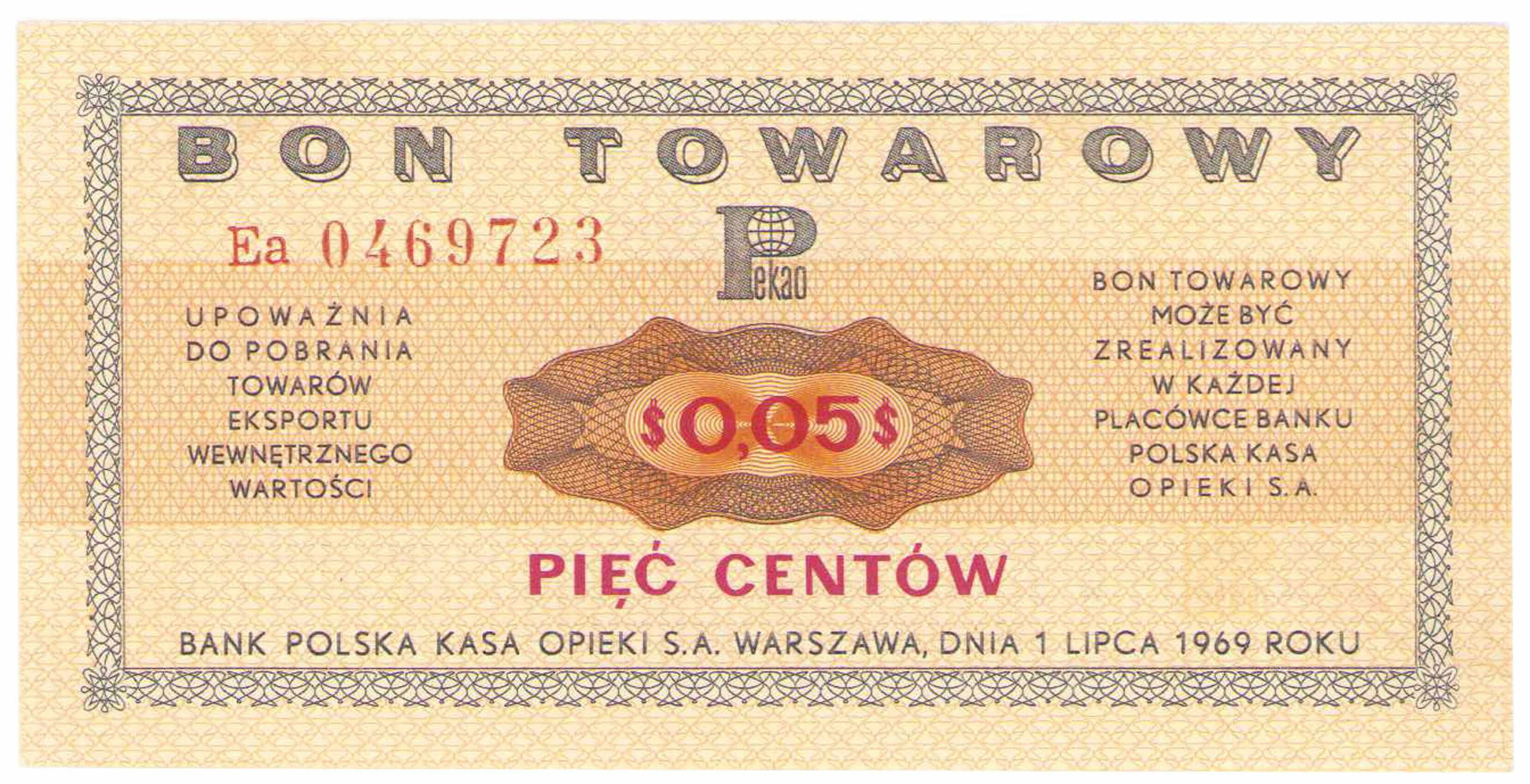 Bon towarowy PEKAO na 5 centów 1969 seria Ea 