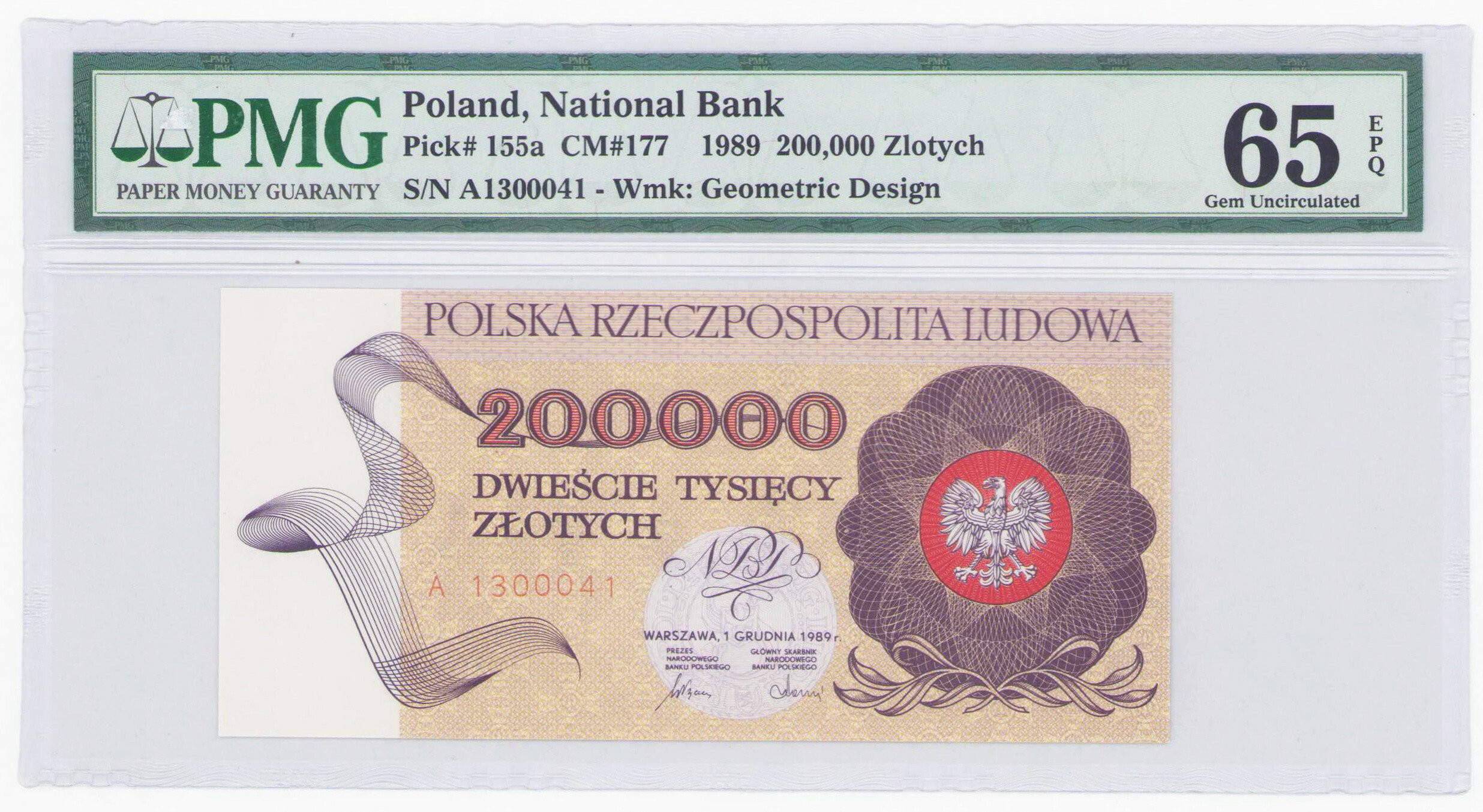 200.000 złotych 1989 seria A, PMG 65 EPQ - POCZĄTKOWA SERIA