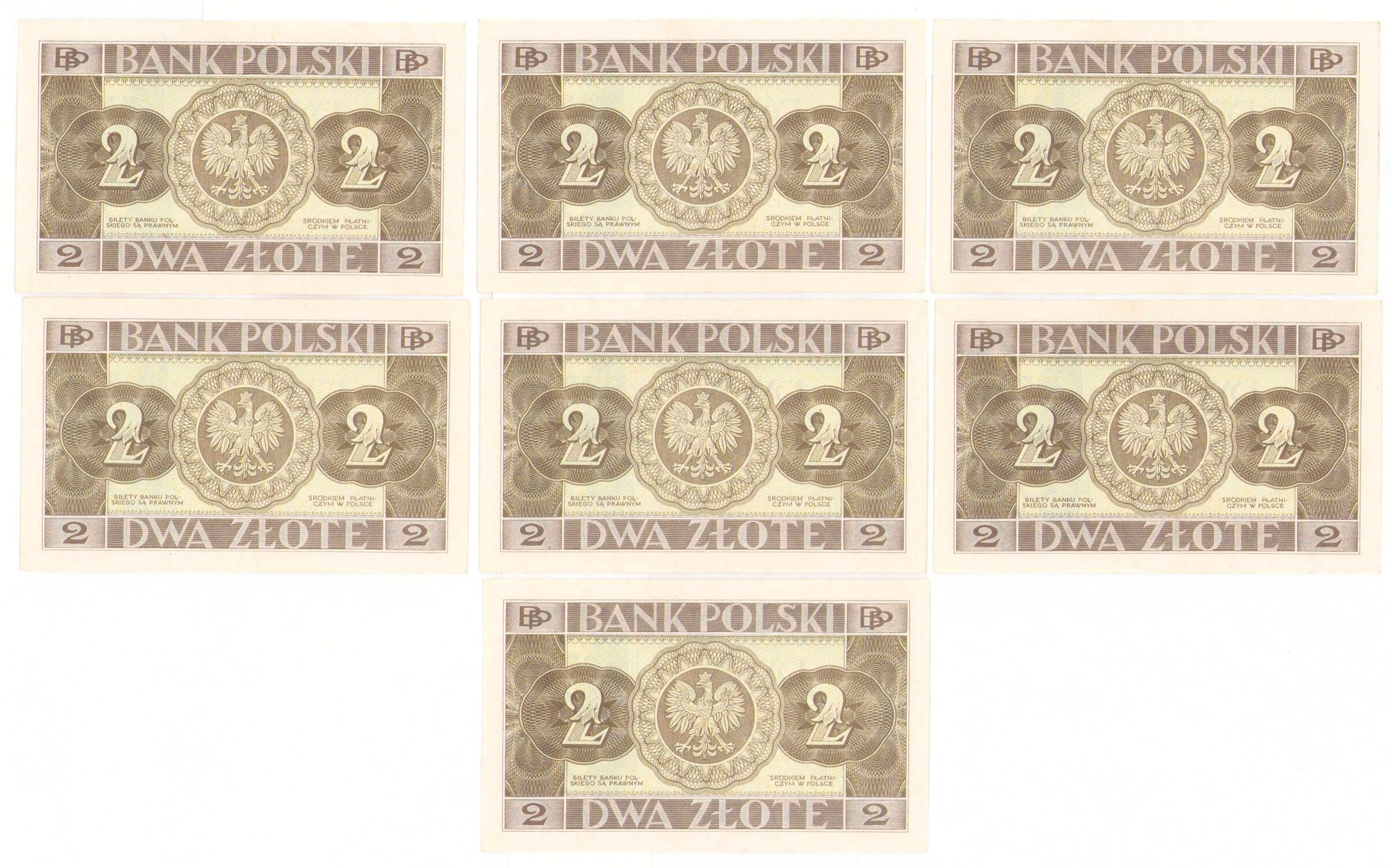2 złote 1936 seria ET, zestaw 7 sztuk - KOLEJNE NUMERY