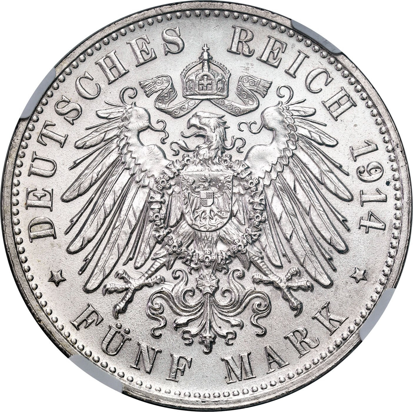 Niemcy, Saksonia. 5 marek 1914 E, Muldenhütten NGC MS62 - PIĘKNE