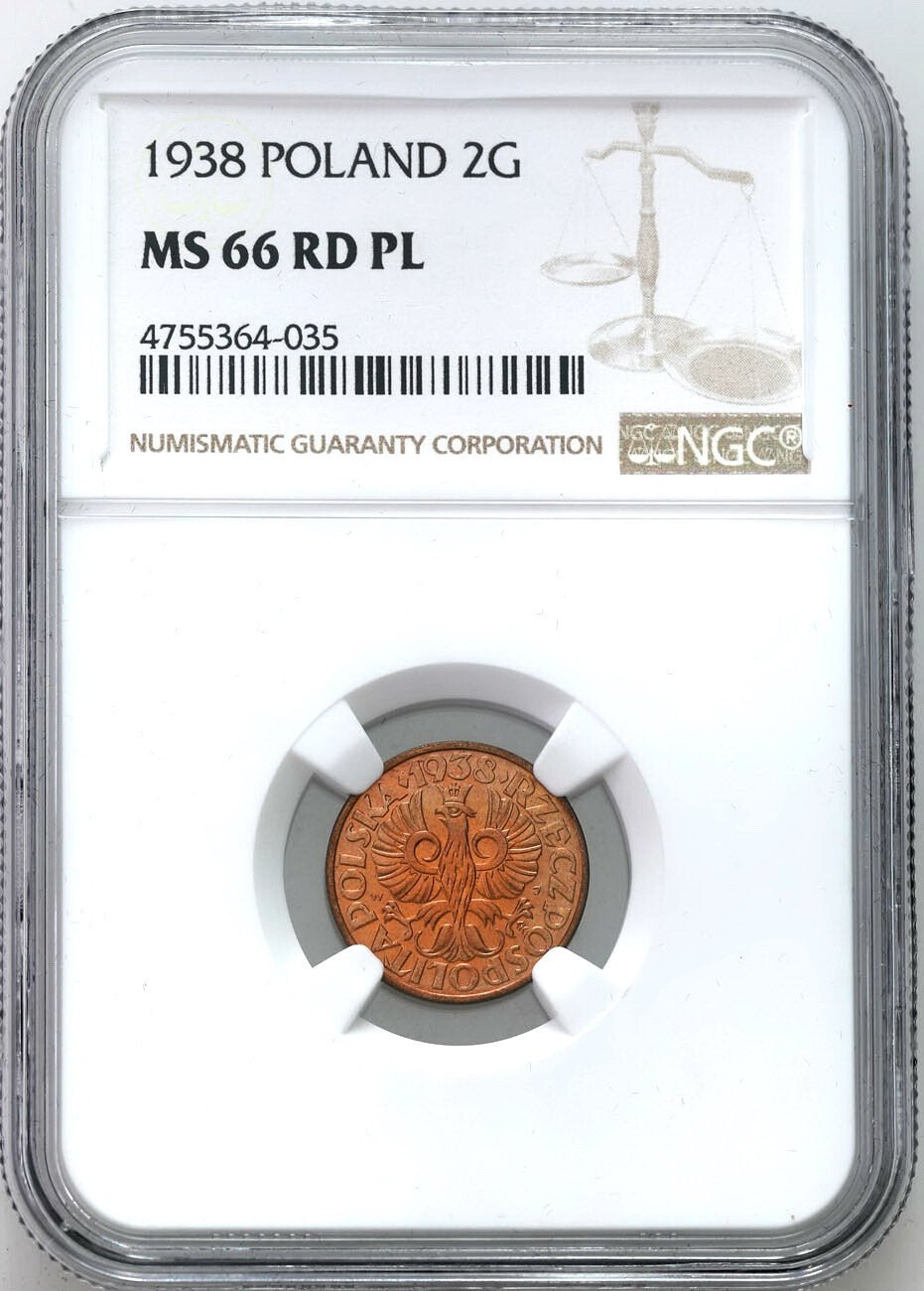 II RP. 2 grosze 1938 NGC MS66 RD PL (MAX) - JAK LUSTRZANKA