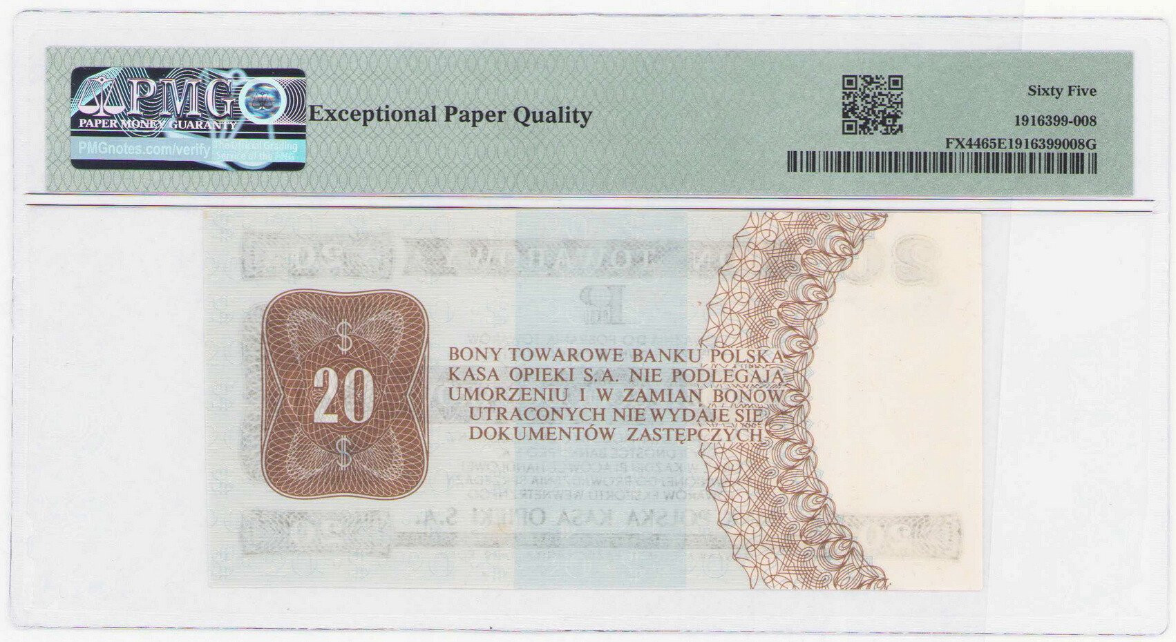 Bon towarowy PeKaO. 20 dolarów 1979, seria HH PMG 65 EPQ (2MAX) - PIĘKNY