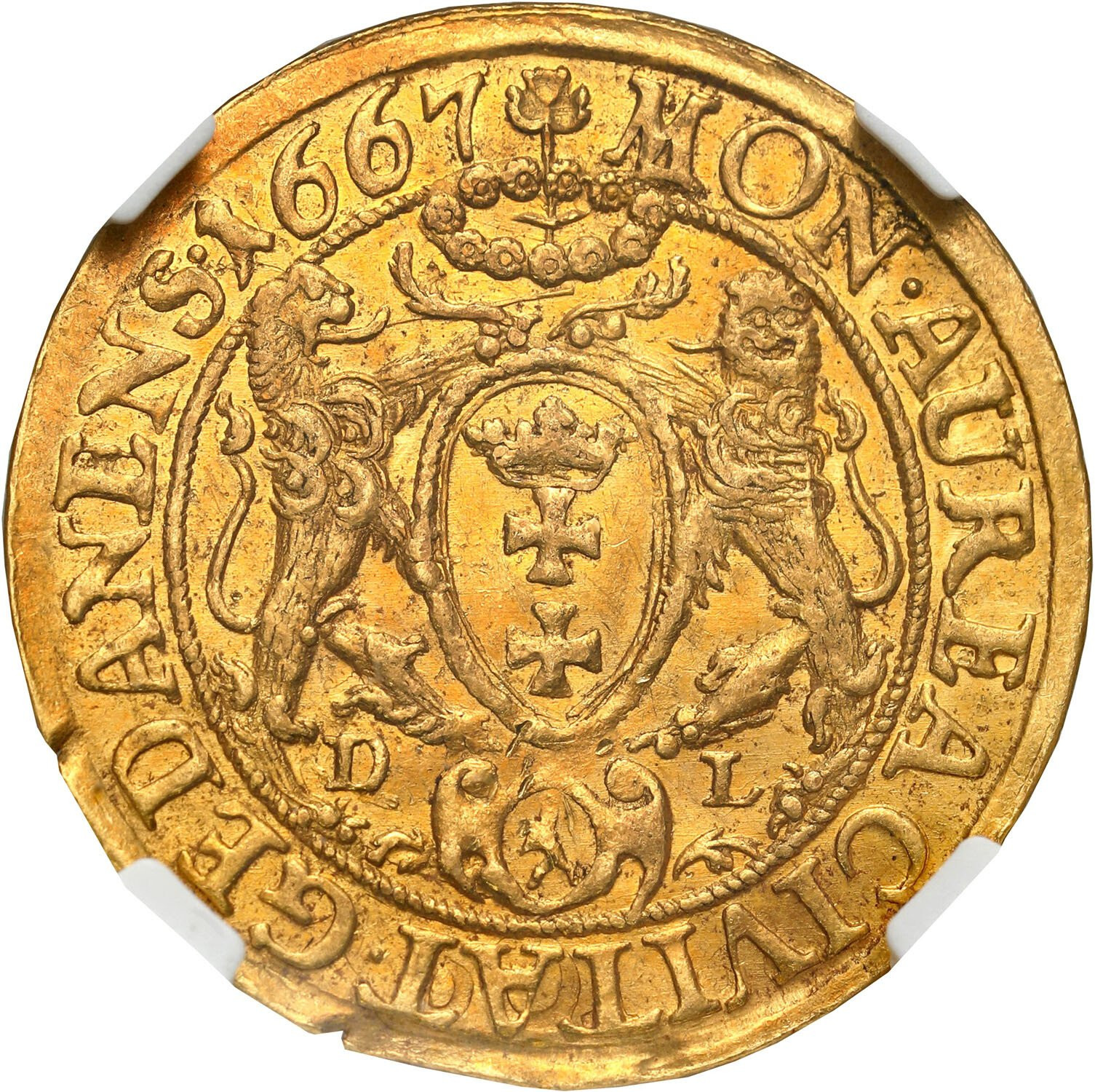 Jan II Kazimierz. Dukat 1667, Gdańsk NGC AU58 - RZADKOŚĆ R6