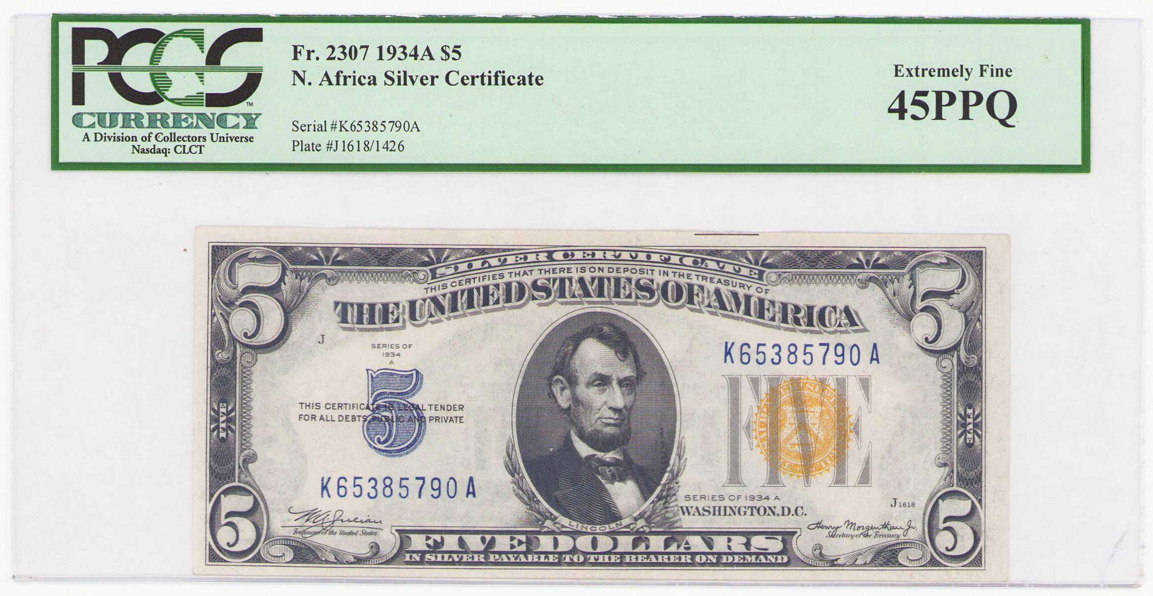 USA, Yellow Seal North Africa Silver Certificates, 5 dolarów 1934 - A - Julian & Morgenthau PCGS 45PPQ