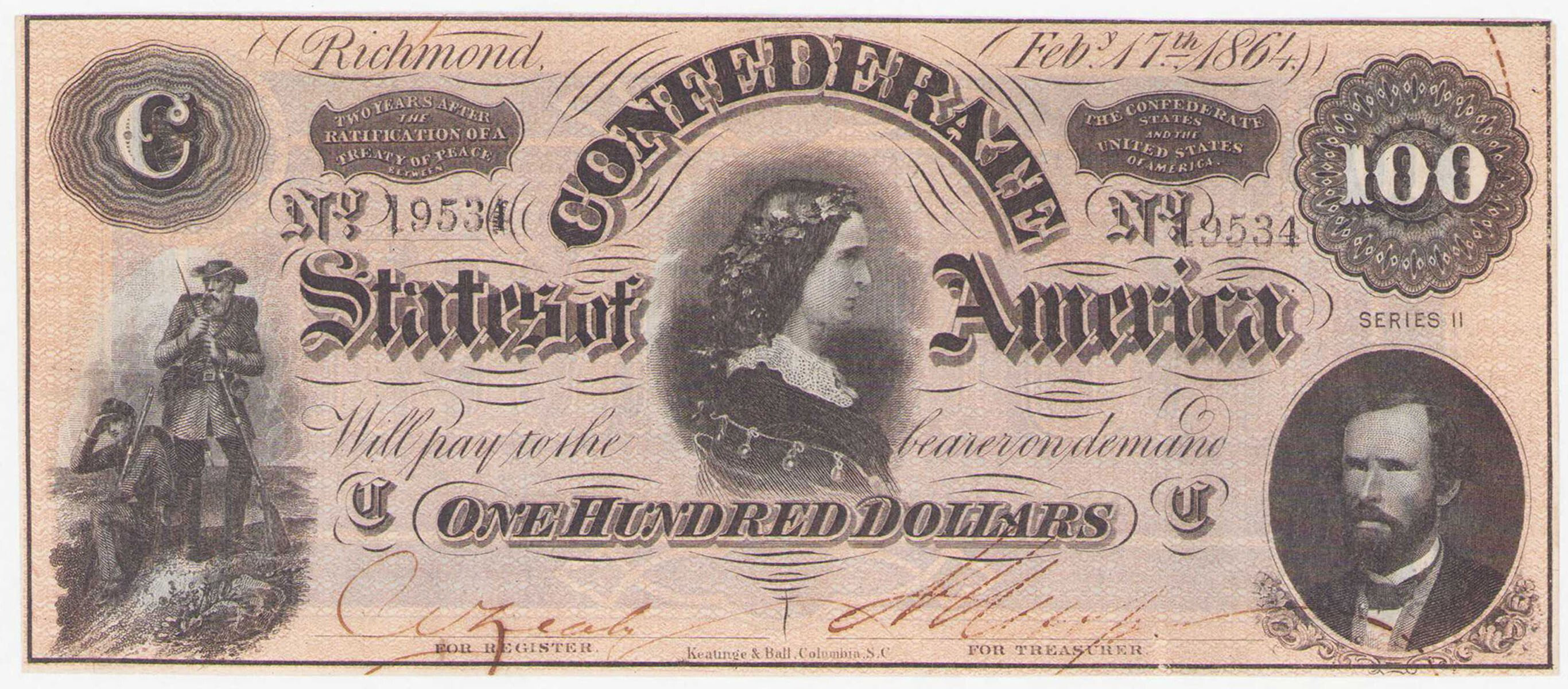 USA. Confederate States of America - Richmond. 100 dolarów 1864 – RZADKI