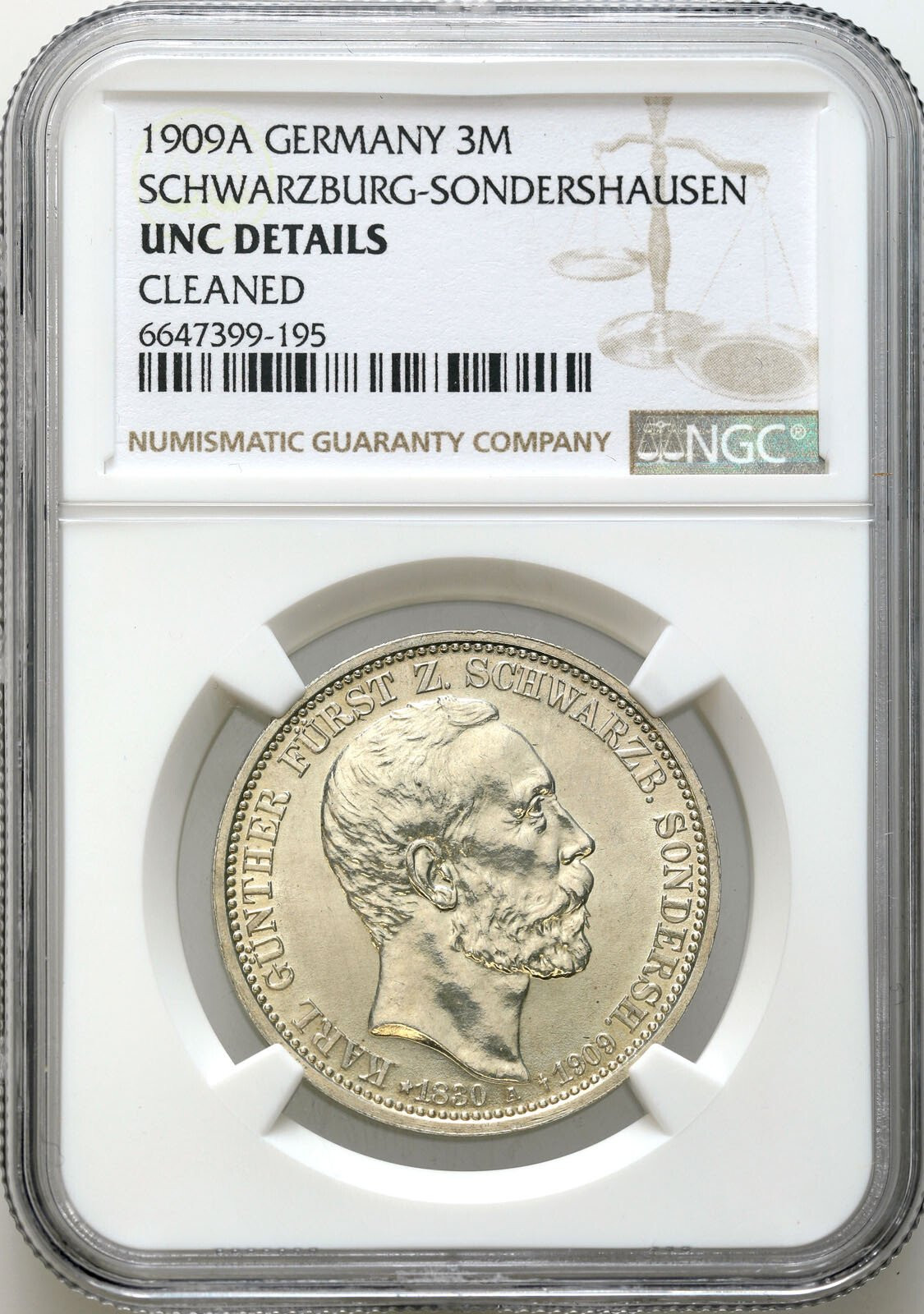 Niemcy, Schwarzburg-Sondershausen. 3 marki pośmiertne 1909 A, Berlin NGC UNC – RZADSZE