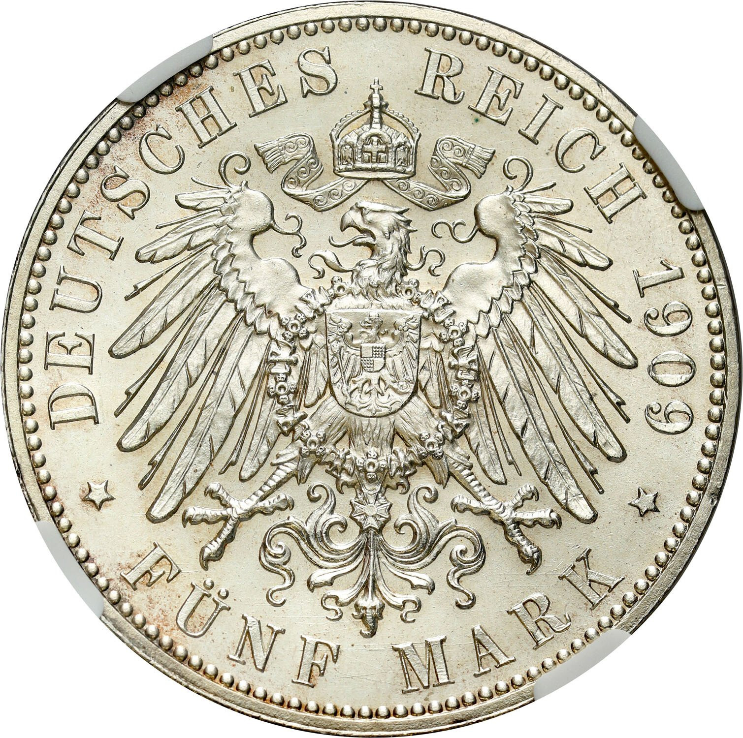 Niemcy. Saksonia. Fryderyk August III (1904–1918). 5 marek 1909 Muldenhütten NGC MS63 – PIĘKNE