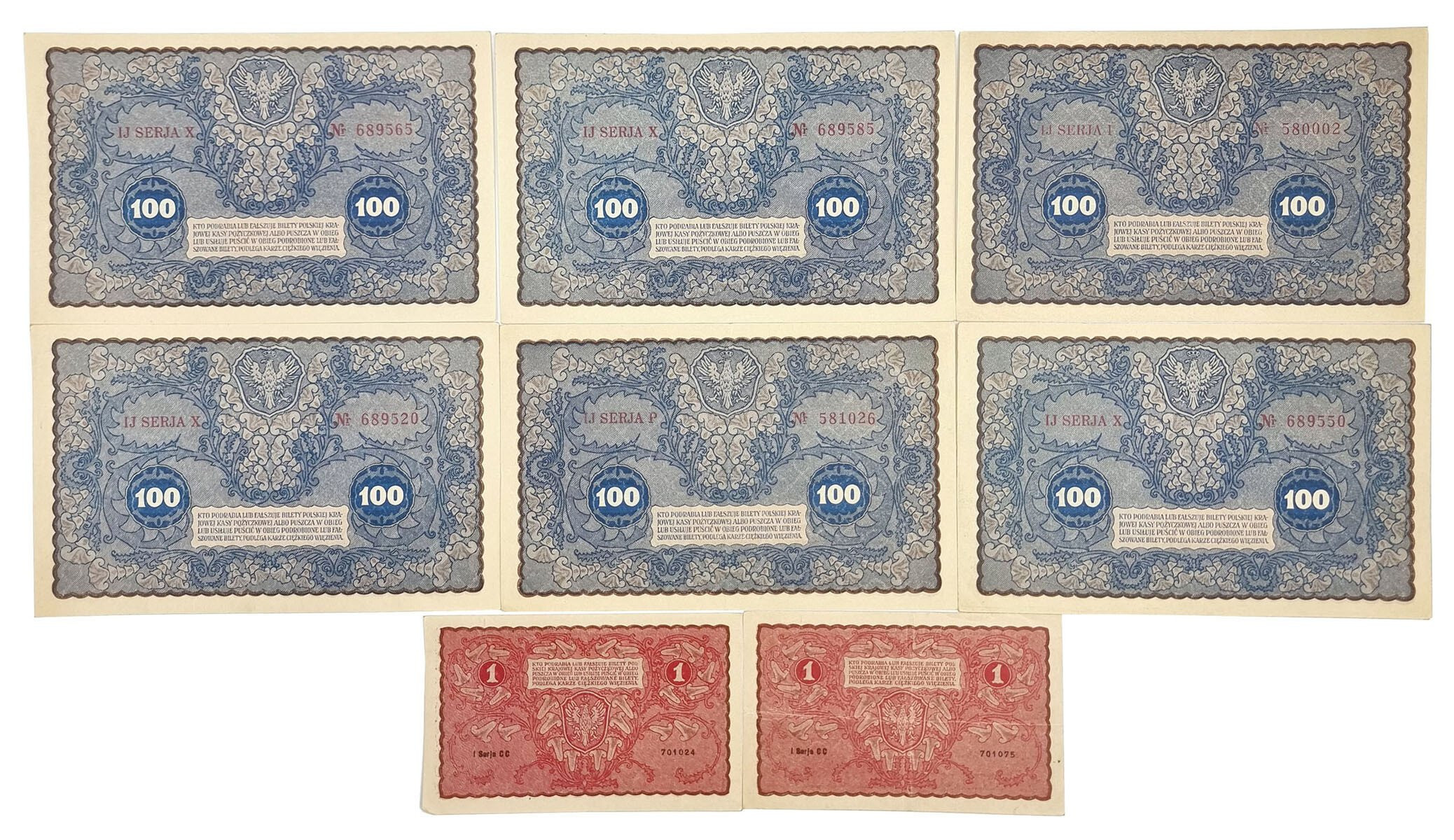 1 - 100 marek polskich 1919 RÓŻNE SERIE, zestaw 8 sztuk