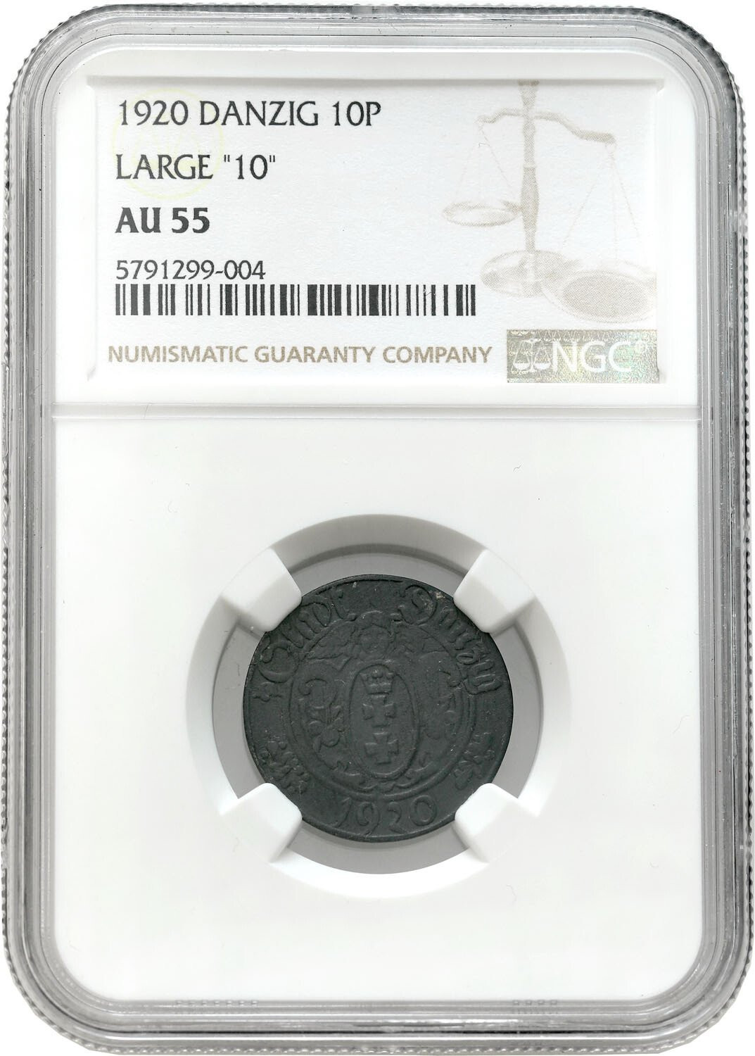 Wolne Miasto Gdańsk/Danzig. 10 fenigów 1920 duże cyfry nominału NGC AU55 - RZADKIE