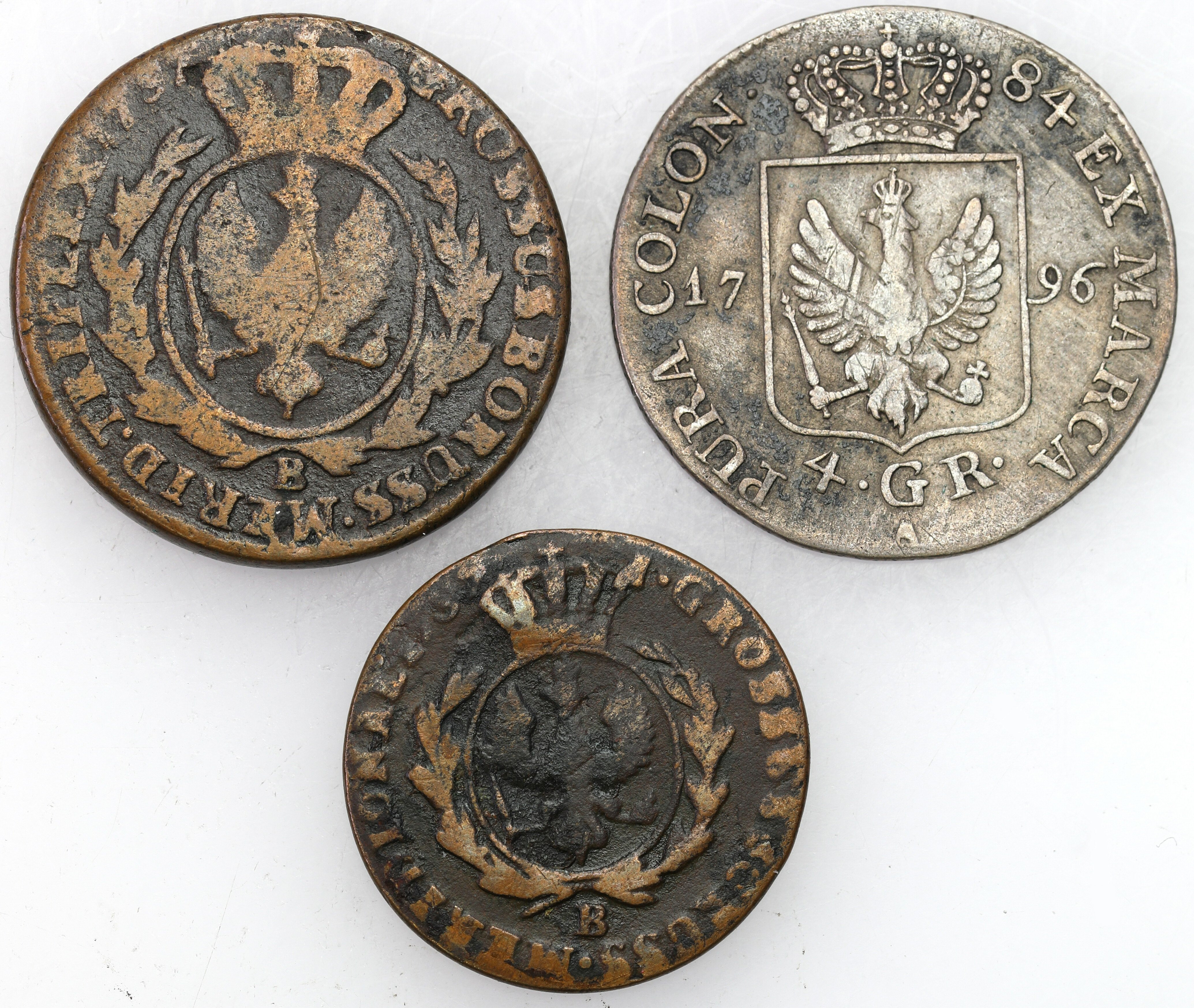 Niemcy, Prusy. Fryderyk Wilhelm II (1786–1797). 4 grosze 1796 A, Berlin, 1 i 3 grosze 1797 B, Wrocław