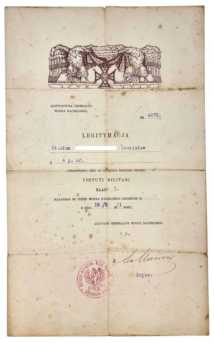 II RP. Legitymacja do Krzyża Virtuti Militari V klasy 1921 r.