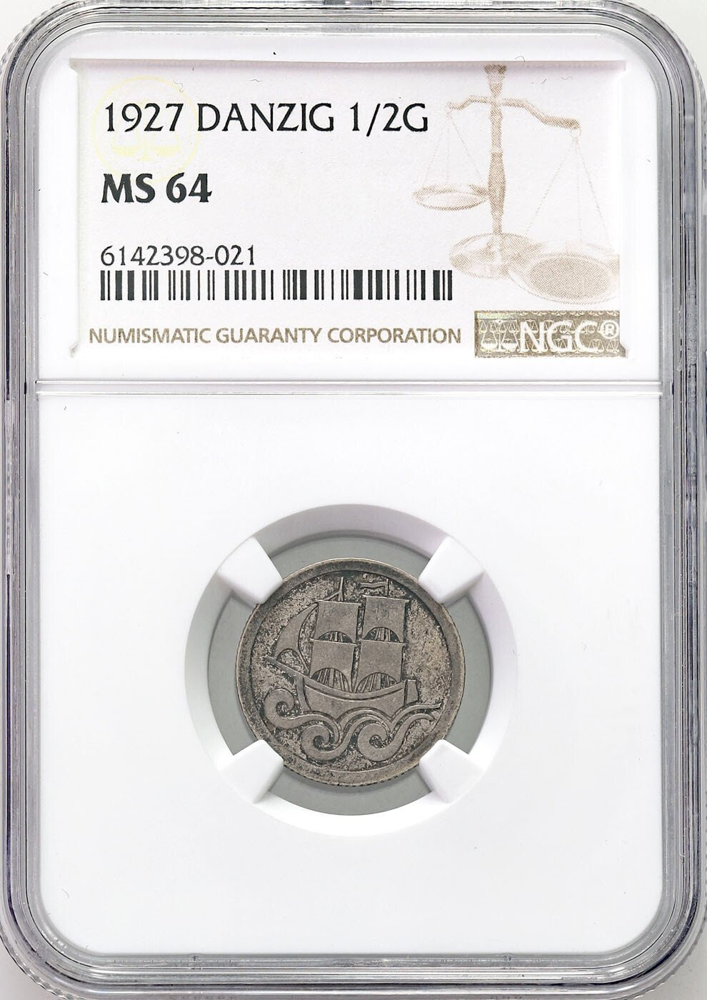 Wolne Miasto Gdańsk/Danzig. 1/2 Guldena 1927 NGC MS64 - RZADKI ROCZNIK -PIĘKNE