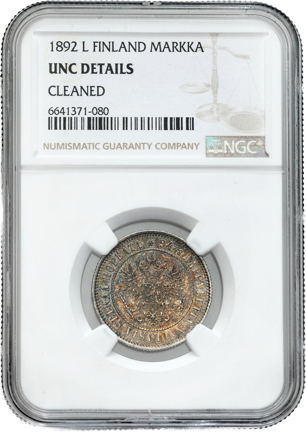 Rosja / Finlandia. Mikołaj II. 1 markka 1892 NGC UNC