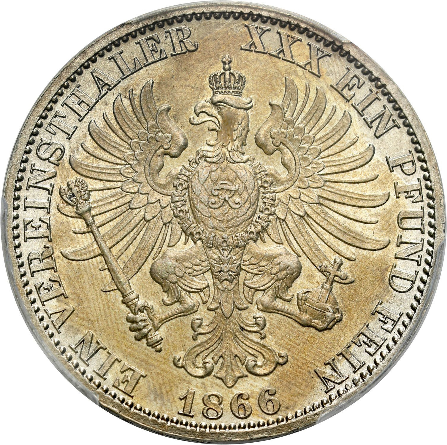Niemcy, Prusy. Wilhelm I (1861-1888). Talar (Vereinstaler) 1866 A, Berlin PCGS MS64 - PIĘKNE 