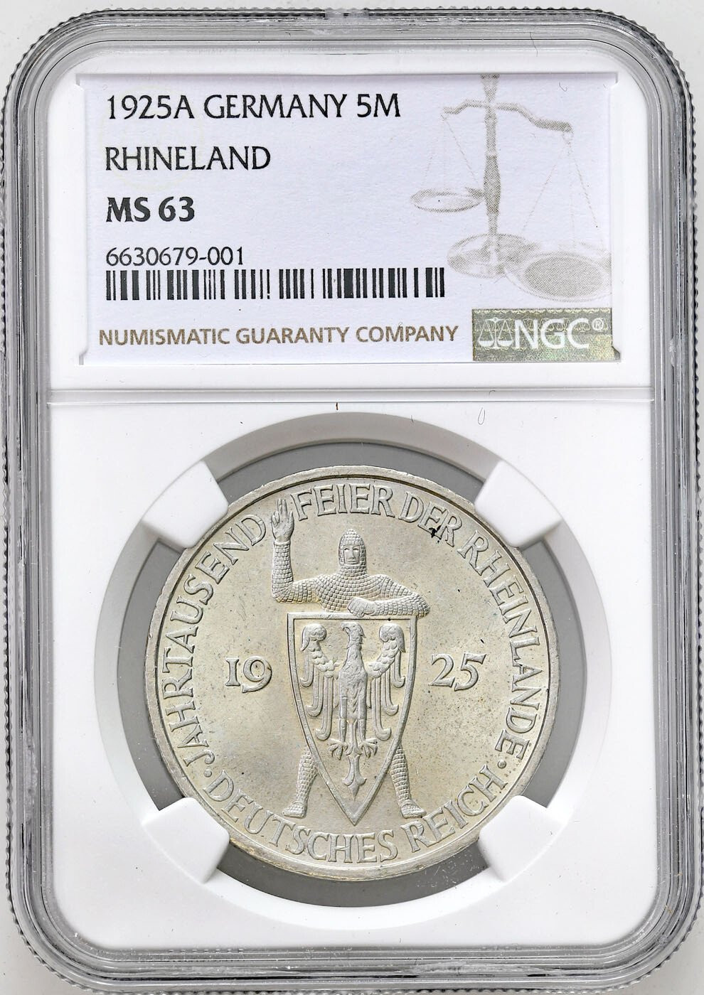 Niemcy, Weimar. 5 marek 1925 A, Berlin – Rheinlande NGC MS63 - WYŚMIENITE
