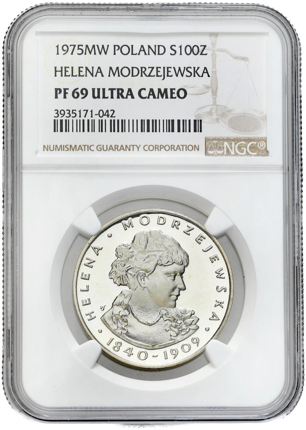 PRL. 100 złotych 1975 Helena Modrzejewska NGC PF69 ULTRA CAMEO (2 MAX)