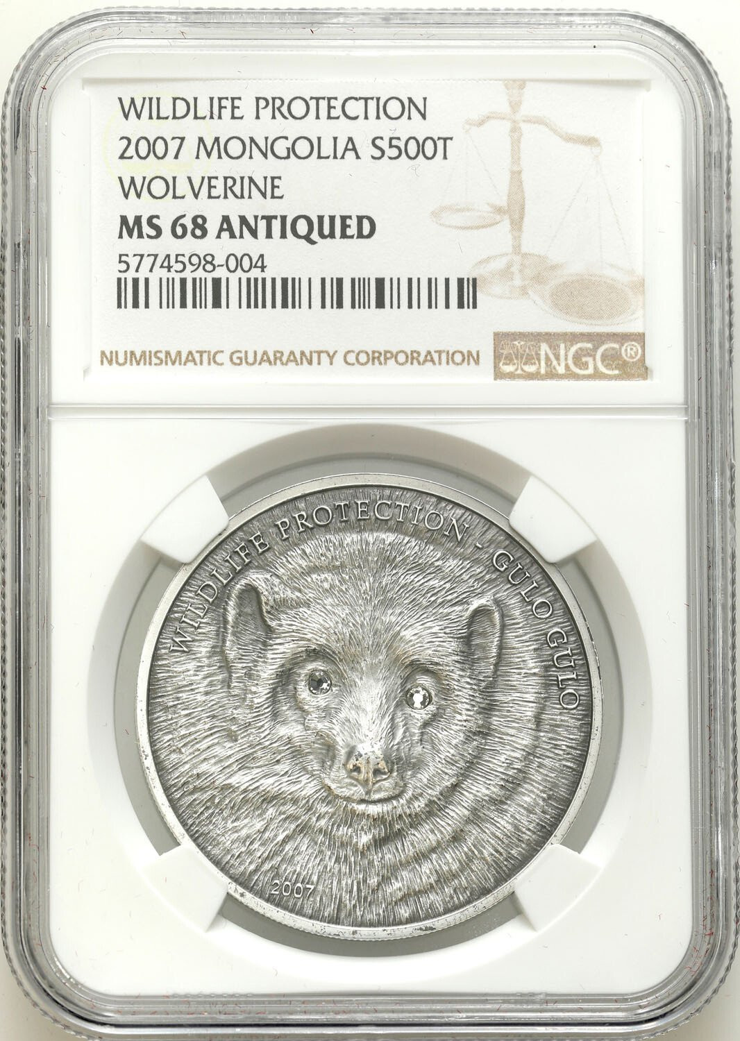 Mongolia 500 Tugrików 2007 Rosomak Gulo Gulo NGC MS68 ANTIQUED - RZADKIE